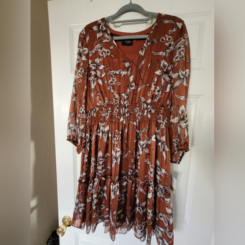 Floral-Print Smocked-Waist V-Neck Fit-&-Flare Shimmer Dress
